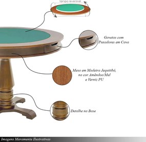 Mesa 4 Lugares Jogos Poker Carteado Victoria Redonda Tampo Reversível com Gavetas e Porta Copos Amêndoa G36 - Gran Belo