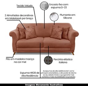 Sofá Decorativo 220cm 3 Lugares com 4 Almofadas Armstrong Veludo Cobre G63 - Gran Belo