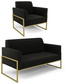 Sofá Namoradeira com Poltrona Base Industrial Alta Dourado Marisa Suede D03 - D'Rossi - Preto
