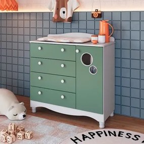 Cômoda Infantil 4 Gavetas 1 Porta Encanto Branco e Verde Completa Móveis
