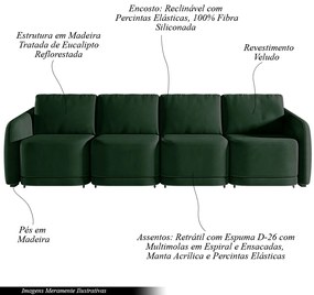 Sofá Cama Modulado Retrátil e Reclinável Decorativo Varsóvia 316cm Veludo Verde G33 - Gran Belo