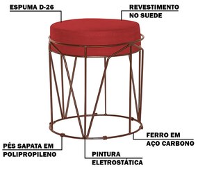 Puff Decorativo Sala de Estar Base Bronze Chloe Suede Vermelho G41 - Gran Belo