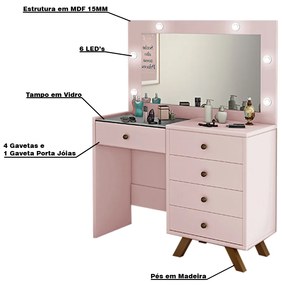 Penteadeira Decorativa 4 Gavetas e Porta Jóias com Tampo de Vidro Diana Rose G37 - Gran Belo