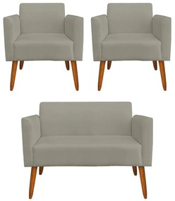 Conjunto Namoradeira e 2 Poltronas Decorativas Isabella Pés Palito Madeira Suede Nude G19 - Gran Belo