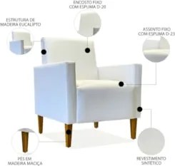 Poltrona Para Sala Pés de Madeira Kit 2 Gabi Sintético Branco - Phoeni