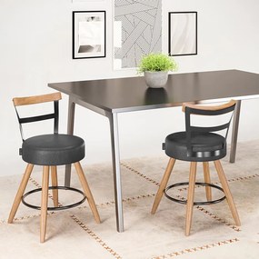 Banqueta Baixa Cozinha 50cm Encosto Pé Madeira Kit 2 Kyara Pu S02 - D'Rossi - Preto