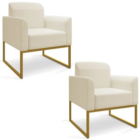 Kit 02 Poltronas Marisa Linho Areia A27 Base Industrial Metálica Dourado D03 - D'Rossi