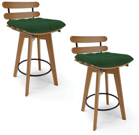kit 02 Banquetas Giratória Costela Veludo Verde Base Madeira MA70 - D'Rossi