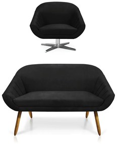 Kit 01 Namoradeira 02 Lugares e 01 Poltrona Giratória Giovana Suede Base Cromada - D'Rossi - Preto
