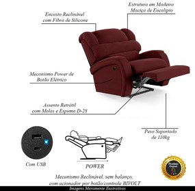 Poltrona do Papai Sala de Cinema Reclinável Kylie Power Elétrica USB Veludo Vinho G23