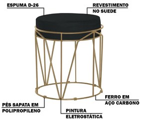 Kit 2 Puffs Decorativo Sala de Estar Base Gold Chloe Suede Preto G41 - Gran Belo