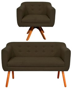 Kit 01 Namoradeira e 01 Poltrona Giratória Julia Linho Base Madeira MM30 D01 - D'Rossi - Marrom A78