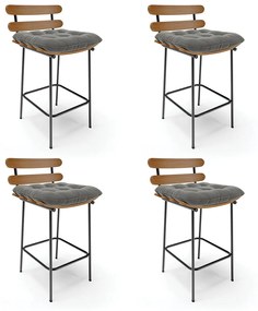 Kit 04 Banquetas Costela Suede Grafite Base Metálica Preto - DRossi