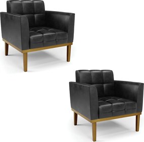 Kit 2 Poltronas Decorativas Karen Pés Fixo em Madeira Castanho PU Preto Brilho G19 - Gran Belo