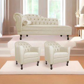 Kit Diva Recamier Diana 140cm Lado Direito e 02 Poltronas Julia Linho - ADJ Decor