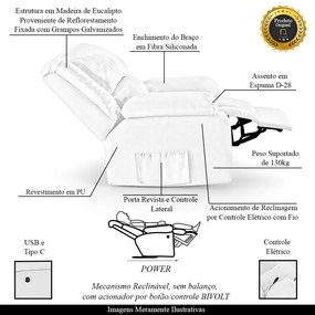 Poltrona do Papai Reclinável Sala de Cinema Madrid Controle Power Elétrico USB PU Branco  G23
