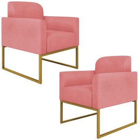 Kit 2 Poltronas Decorativas Isabella Base Industrial Suede Rosê/Dourado G19