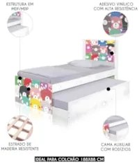 Cama Solteiro Infantil Com Auxiliar 188x88cm Ursinhos K06 - Mpozenato