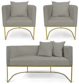 Kit 01 Namoradeira 02 Lugares e 02 Poltronas Paola Linho Base Metálica Dourado D03 - D'Rossi - A26 Grafite