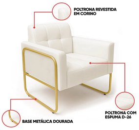 Poltrona Sala Industrial Alta Tubo Dourado Elisa Sintético D03 - D'Rossi - Branco