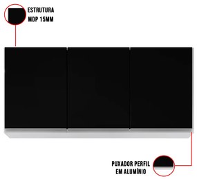 Armário Aéreo de Cozinha Lavanderia 03 Portas Tina 120 cm L06 - D'Rossi - Branco e Preto