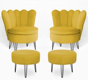 Conjunto 2 Poltrona Dália com 2 Puff Chloe Pés Hairpin Legs Preto Veludo Amarelo