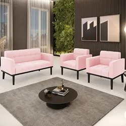 Sofá Namoradeira e 2 Poltronas Base Madeira Preto Ana Suede Rosa Bebê