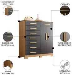 Cômoda Sapateira 8 Gavetas 2 Portas 125cm Verona Nature/Titanium - Alb