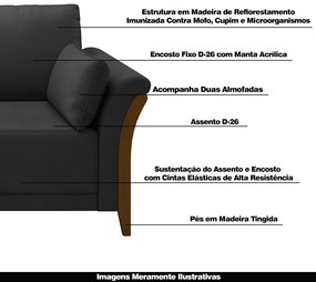 Sofá Decorativo 3 Lugares 222cm Market PU Preto G45 - Gran Belo