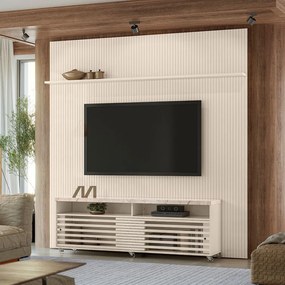 Painel TV 75 Pol 238cm Ripado Kalven com Rack Bancada Nerion Calacata/Off White M20 - D'Rossi