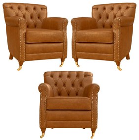 Kit 03 Poltronas Decorativas Sala de Estar Níger Pés Príncipe Couro Mel G58 - Gran Belo