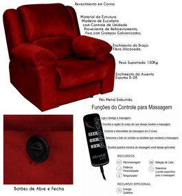 Poltrona do Papai Reclinável Elétrica com Massagem Magnum Veludo Vermelho G23 - Gran Belo