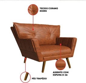 Sofá Namoradeira e 2 Poltronas Pé de Madeira Anitta Sintético PU Nozes D03 - D'Rossi