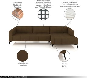 Sofá Bipartido Sala de Estar Kiara 312cm Chaise Direito Pés de Ferro Couro Capuccino G52 - Gran Belo