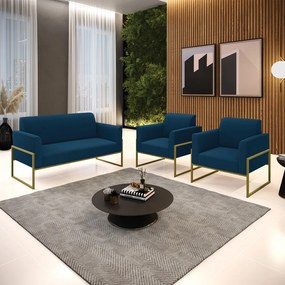 Namoradeira e 2 Poltronas Industrial Alta Dourado Marisa Bouclê Azul