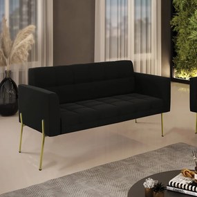 Sofá Namoradeira 2 Lugares Pé de Ferro Dourado Elisa Suede D03 - D'Rossi - Preto