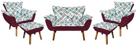 Kit 01 Namoradeira com 02 Poltronas e 02 Puffs Opala Composê Suede com Estampado Traçado Azul D33 Pés Palito Castanho - Vinho