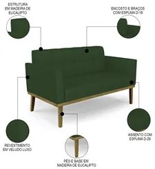 Sofá Namoradeira e 1 Poltrona Base Madeira Castanho Ana Veludo Luxo Ve