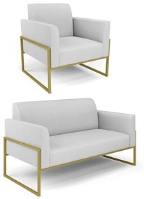 Sofá Namoradeira com Poltrona Base Industrial Alta Dourado Marisa Linho Cinza A05