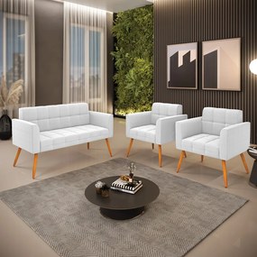 Namoradeira e 2 Poltronas Pé Palito Castanho Elisa Bouclê D03 - D'Rossi  - Off White
