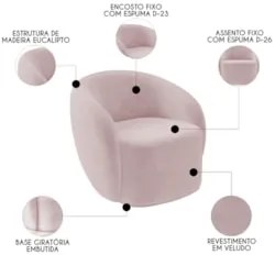 Poltrona para Sala de Estar Giratória Orgânica Garbin Z08 Veludo Rosê