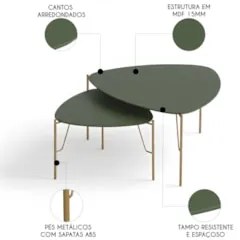 Mesa de Centro Para Sala Pés Metálicos Kit 2 Blen Musgo/Dourado I06 -