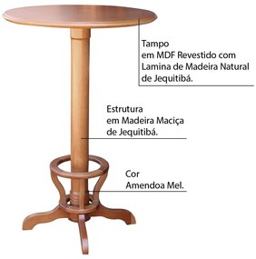 Mesa Bar Redonda com Suporte para pés Madeira Maciça Adan Amêndoa Mel G36 - Gran Belo