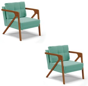 Kit 02 Poltronas Melissa Suede Base de Madeira Castanho D03 - D'Rossi - Azul Turquesa