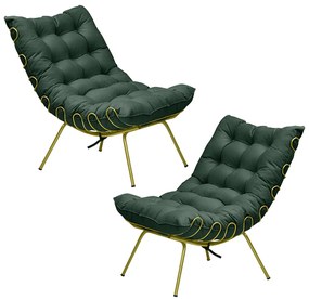 Kit 2 Poltronas Decorativas Sala de Estar Abel Base de Ferro Dourada Suede Verde G41 - Gran Belo