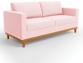 Sofá 03 Lugares Juliette Suede Base Madeira Castanho - D'Rossi - Rosa Bebê