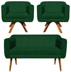 Kit 01 Namoradeira 02 Lugares e 02 Poltronas Giratória Julia Suede Verde Base Madeira MM30 D'Rossi