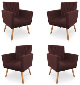 Kit 4 Poltronas Decorativas Clara Capitonê Pés Palito Suede Bordô - Sheep Estofados