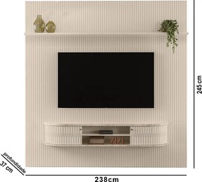 Painel TV 75 Pol 238cm Kalven e Bancada Suspensa Aurenzo M20 - D'Rossi - Calacata(brilho)/Off White(brilho)