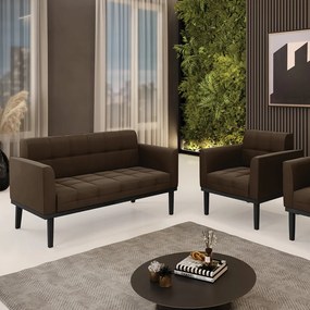 Sofá Namoradeira e Poltrona Base de Madeira Preto Elisa Suede D03 - D'Rossi - Marrom